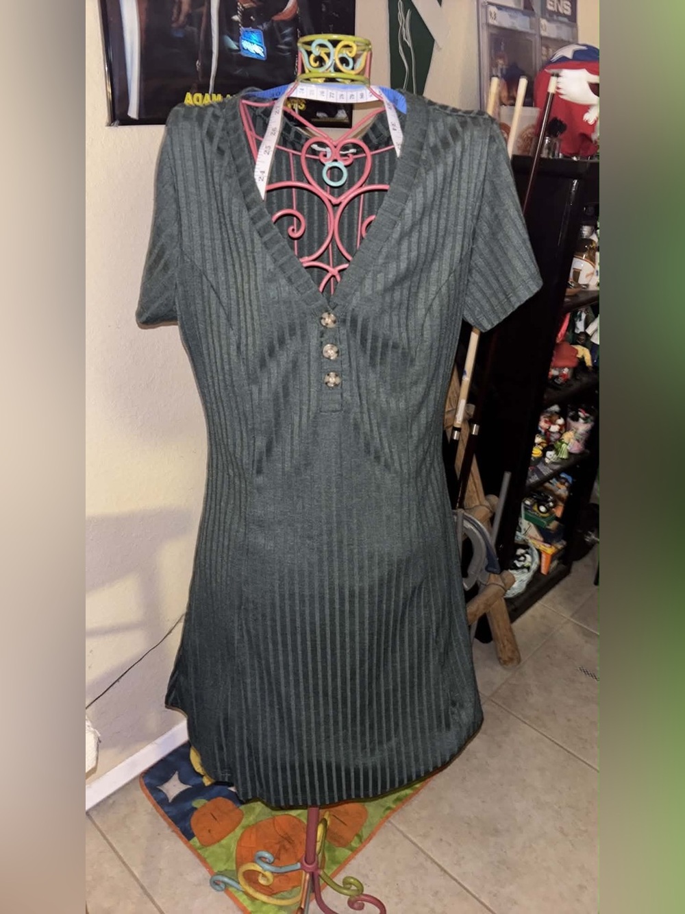 Abound Dark Gray Ribbed V‑Neck Tunic with Button Placket